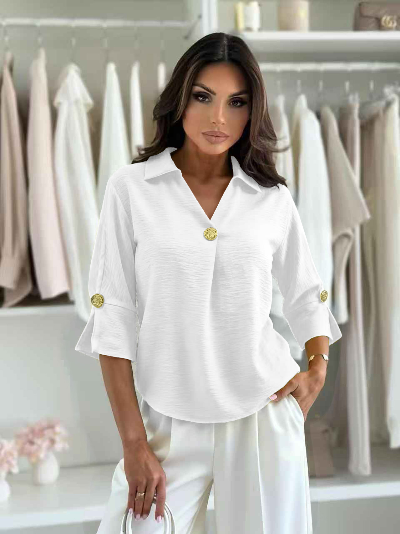 Μπλούζα με γιακά & διακοσμητικό κουμπί - Image 2