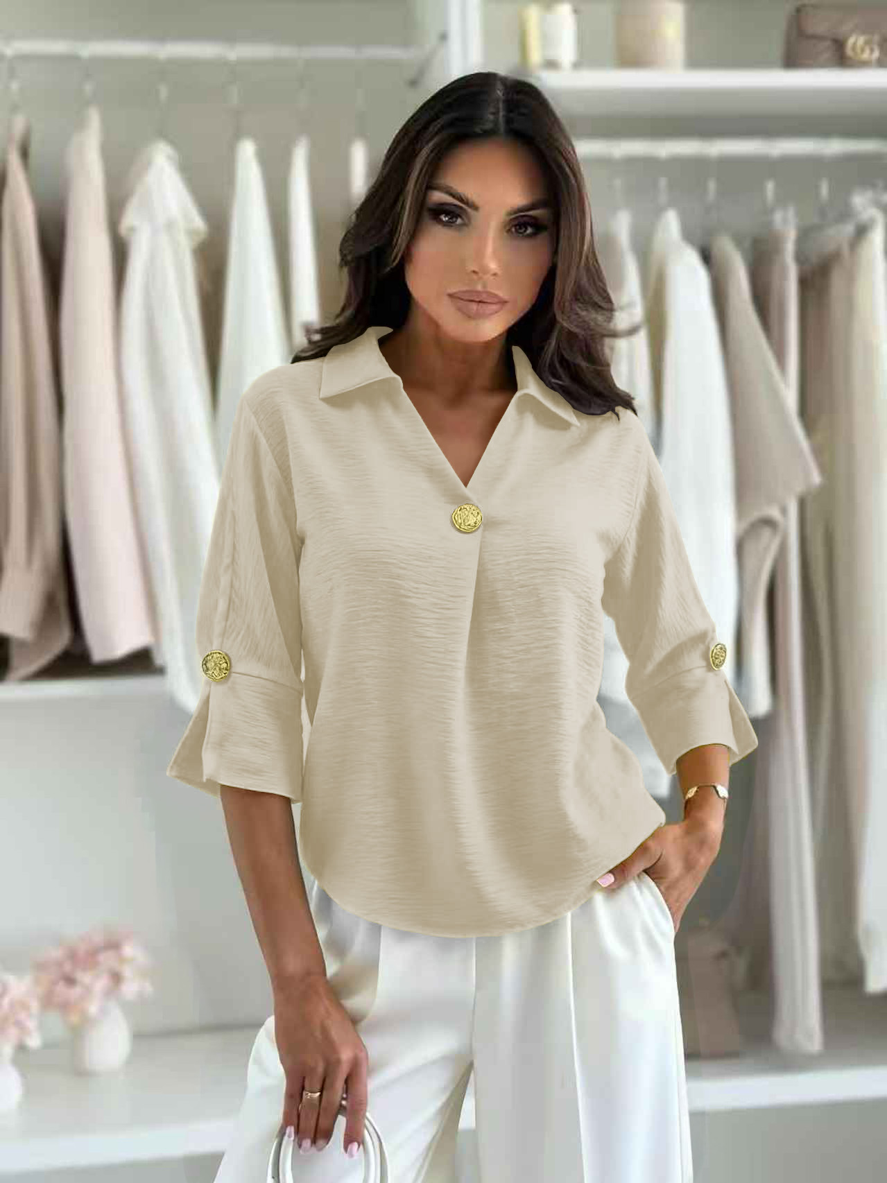 Μπλούζα με γιακά & διακοσμητικό κουμπί - Image 5