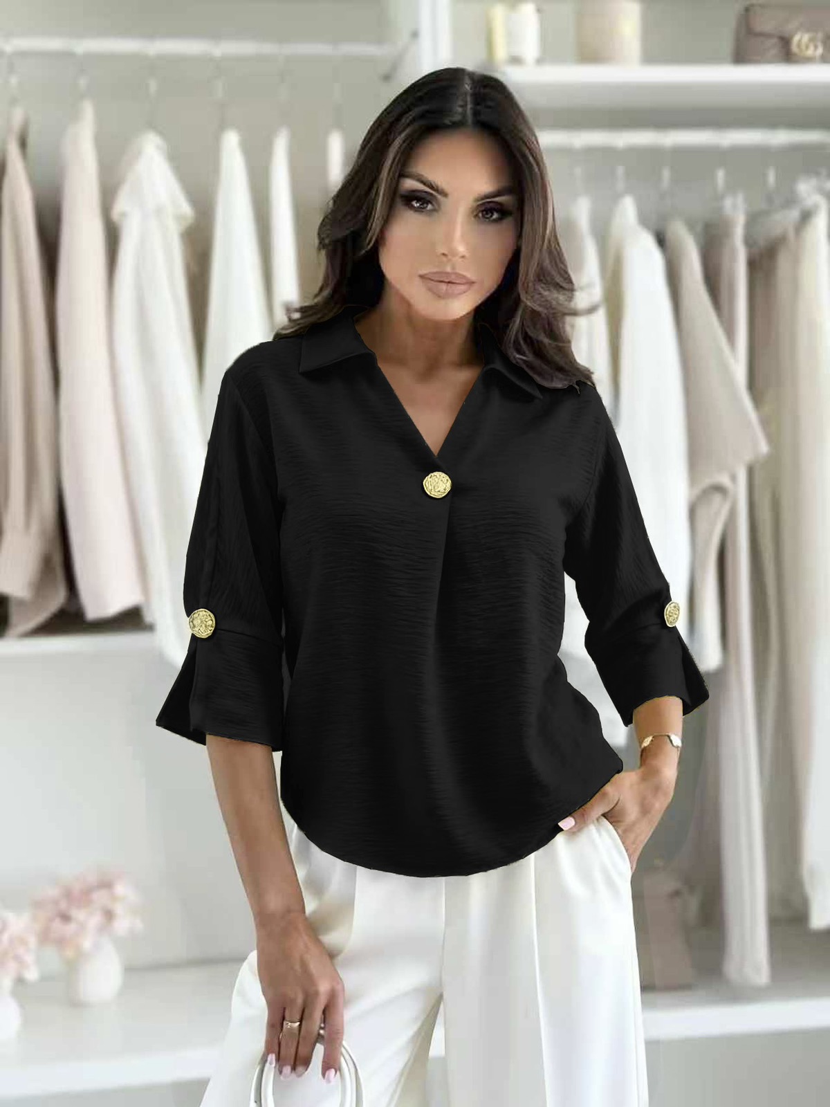 Μπλούζα με γιακά & διακοσμητικό κουμπί - Image 4