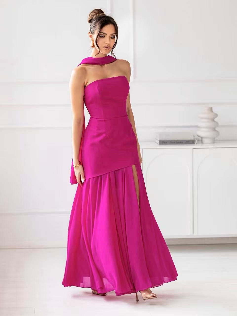 Φόρεμα μάξι στράπλες με φουλάρι - Image 10