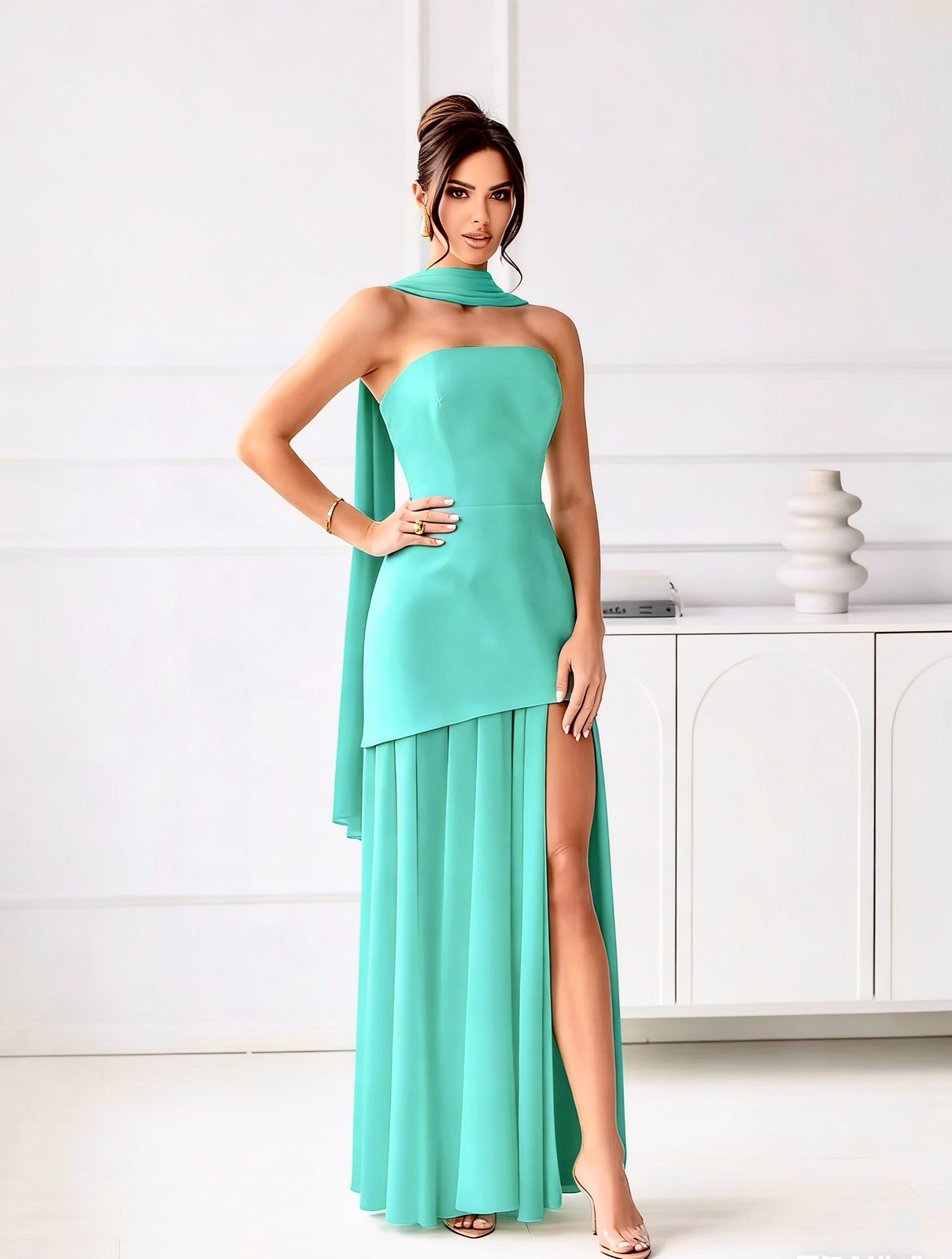 Φόρεμα μάξι στράπλες με φουλάρι - Image 2