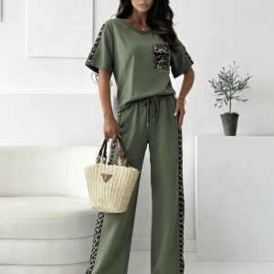 Σετ μπλούζα κοντομάνικη & παντελόνι με λεοπάρ λεπτομέρειες