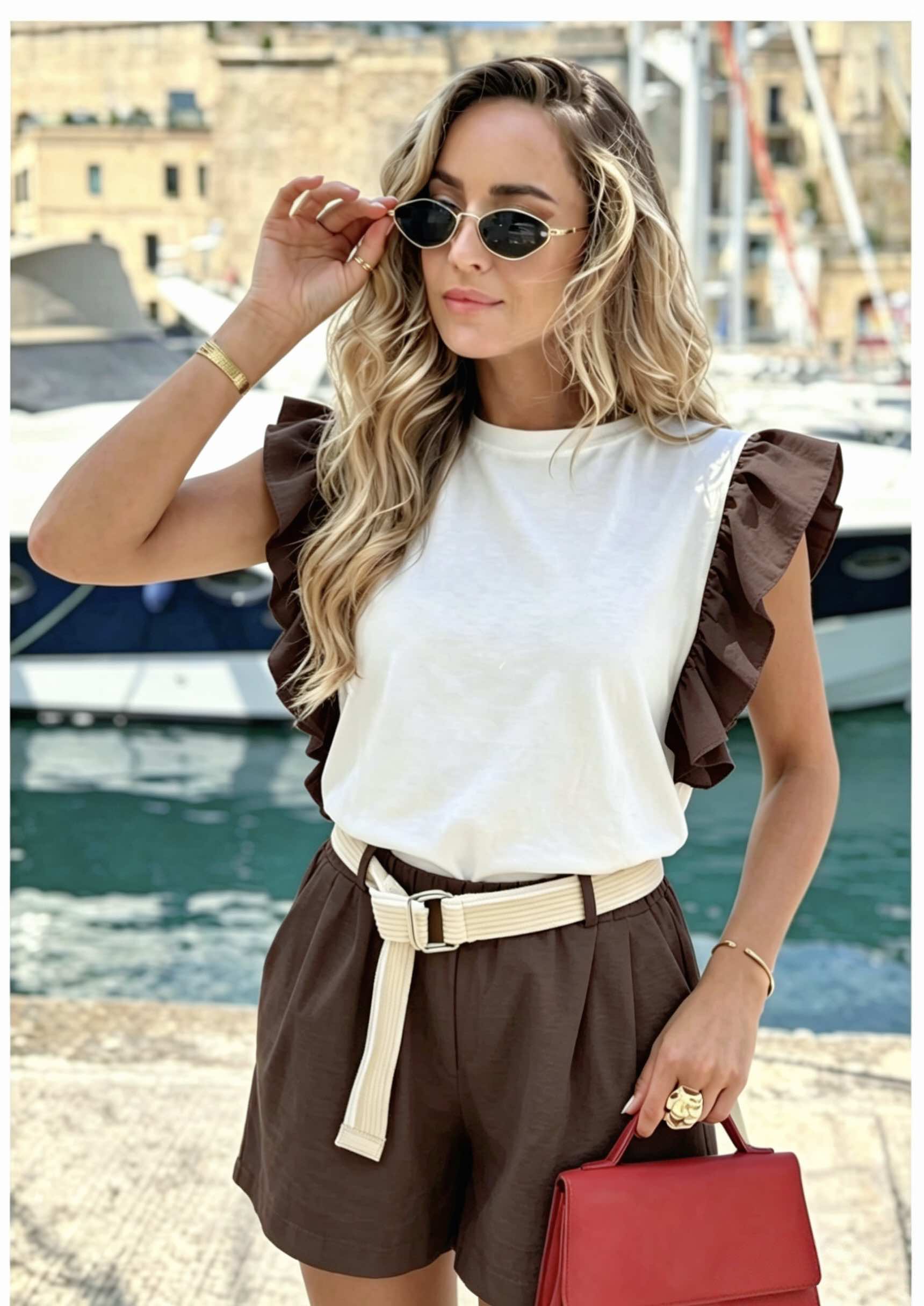 Σετ μπλούζα αμάνικη με βολάν και σορτς με ζώνη - Image 9